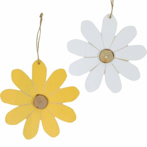 Floristik24 Fleurs en bois à suspendre, décoration printanière, fleurs en bois jaune et blanc, fleurs d&#39;été 8pcs