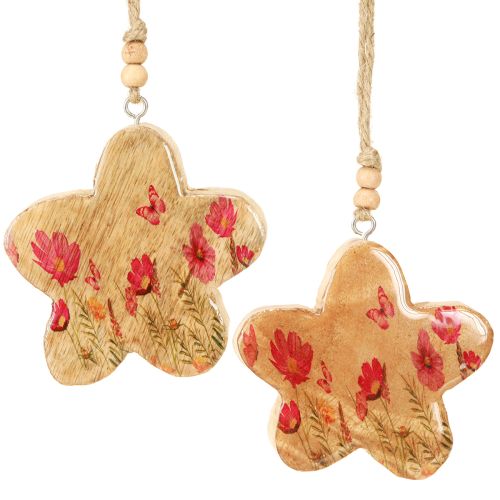 Article Pendentif en bois Fleurs de printemps en rose naturel H9cm 4 pcs