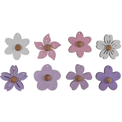 Fleurs en bois à suspendre décoration bois violet, rose, blanc 4,5cm 24 pcs