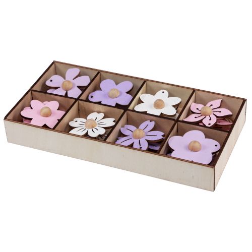 Article Fleurs en bois à suspendre décoration bois violet, rose, blanc 4,5cm 24 pcs