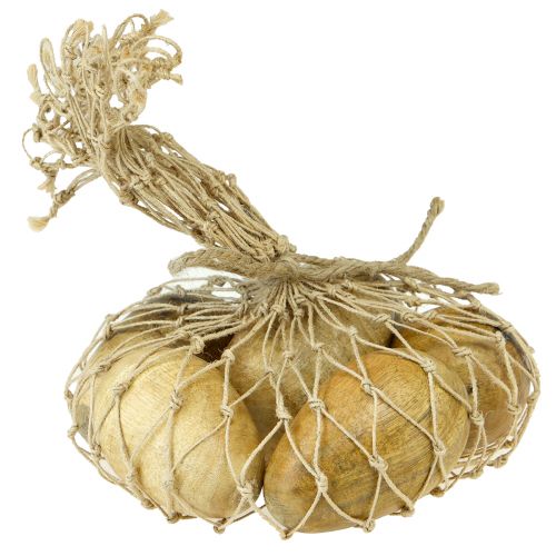 Article Oeufs en bois de manguier en filet de jute décoration de Pâques naturel 7-8cm 6 pcs
