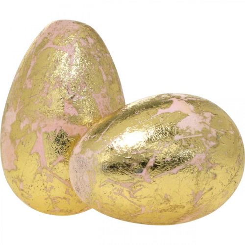 Floristik24 Oeufs en bois nobles, décoration printanière, Oeufs de Pâques dans un filet rose, doré H7-7,5cm Ø 4-4,5cm 6pcs
