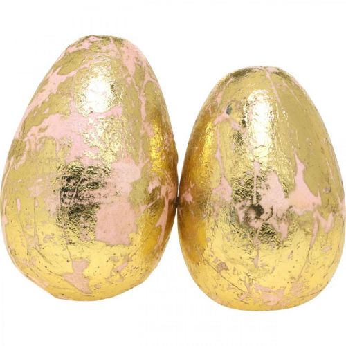 Floristik24 Oeufs en bois nobles, décoration printanière, Oeufs de Pâques dans un filet rose, doré H7-7,5cm Ø 4-4,5cm 6pcs