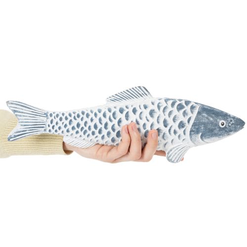 Poisson en bois bleu et blanc, décoration de poisson, apprêt de bois, 35 cm, 1 pièce | Floristik24.fr