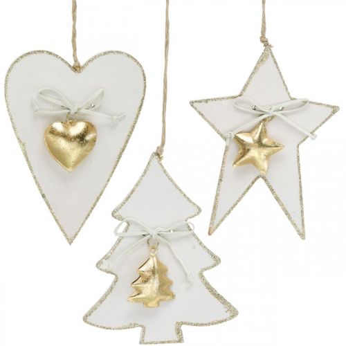 Article Pendentif Noël coeur / sapin / étoile, décoration bois, décoration arbre avec cloches blanc, doré H14.5 / 14 / 15.5cm 3pcs