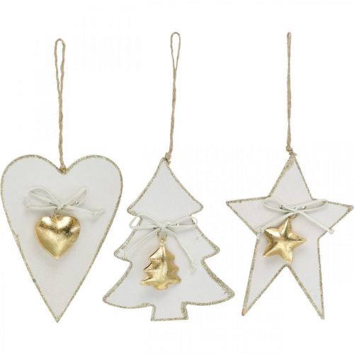 Pendentif Noël coeur / sapin / étoile, décoration bois, décoration arbre avec cloches blanc, doré H14.5 / 14 / 15.5cm 3pcs