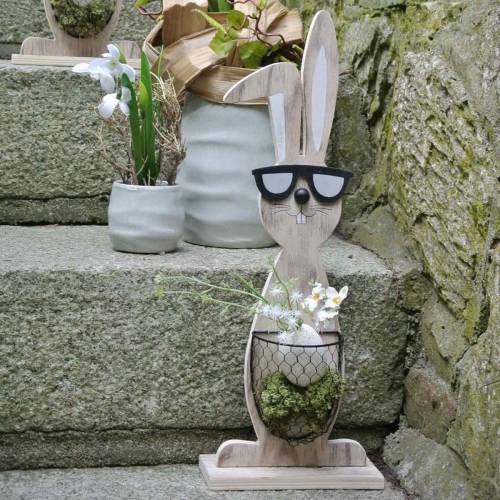 Article Lapins en bois avec lunettes de soleil et panier nature, décoration de Pâques, figurine de lapin avec panier de plantes, décoration de printemps 2pcs