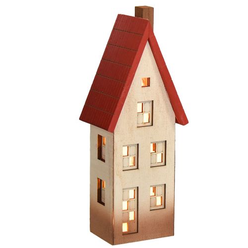 Article Décoration de maison en bois, maison lumineuse rouge naturel pour batterie 8,5 × 6,5 × 22 cm