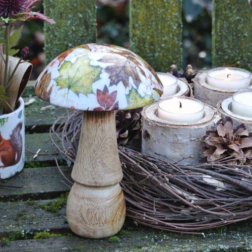 Article Déco champignon en bois feuilles d&#39;automne blanc, décoration de table champignon coloré Ø10cm H15cm