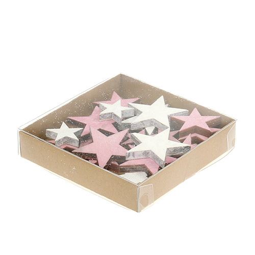 Floristik24 Étoile en bois 3-5cm rose/blanc avec paillettes 24 pcs