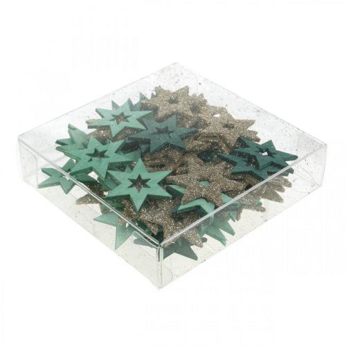 Article Décoration à disperser étoile en bois vert, mélange de poinsettias pailletés 4cm 72 pcs