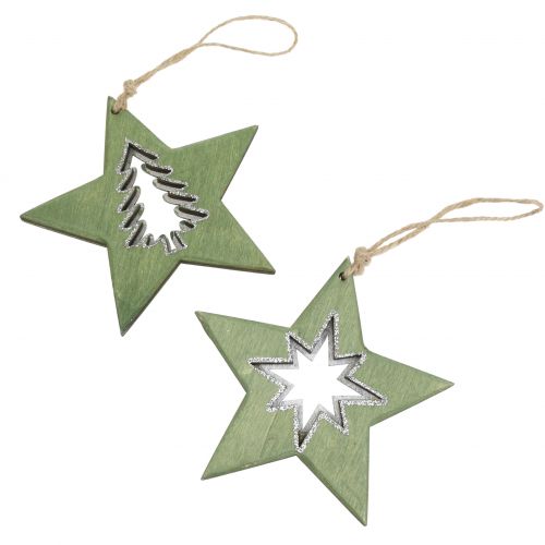 Étoile en bois avec motifs vert 11cm 6pcs