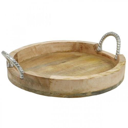 Floristik24 Plateau avec poignées en métal, décor bois rond en bois véritable, métal naturel, argenté Ø31cm