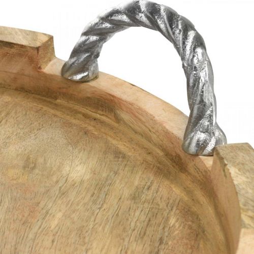 Floristik24 Plateau en bois avec poignées, décoration de table ronde en bois véritable, métal naturel, argenté Ø40.5cm