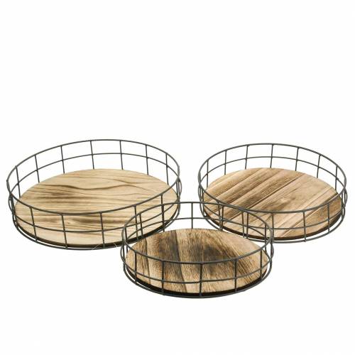 Plateau décoratif rond bois, métal naturel Ø25/30/35cm lot de 3