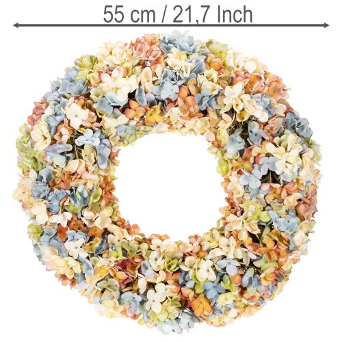 Couronne artificielle d'hortensias multicolore pour porte et mur 55 cm | Floristik24.fr