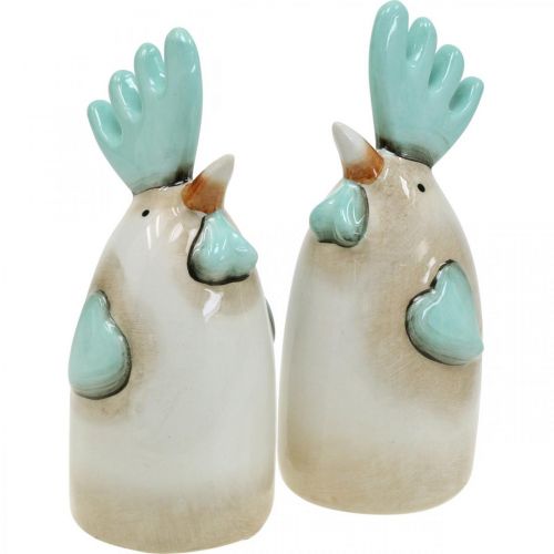 Céramique Coq Cuisine Déco Poulet Blanc Bleu Marron H14.5cm 2pcs