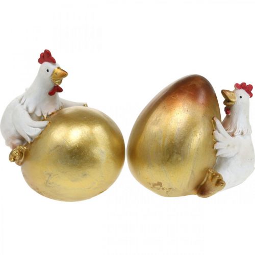 Floristik24 Poules déco avec oeuf de Pâques, poules de Pâques, oeuf doré, décoration Pâques H12/11cm lot de 2