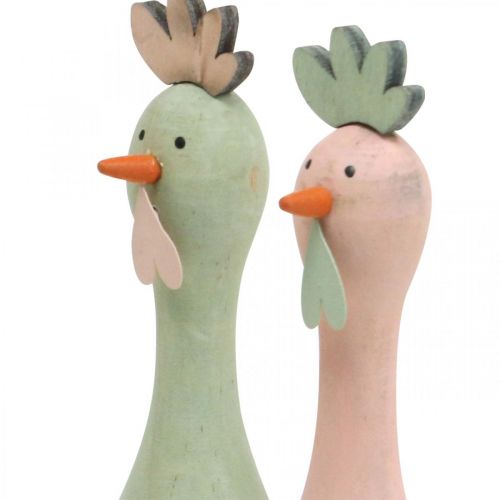 Floristik24 Déco poulet bois rose, vert décoration Pâques figure Ø5cm H15cm 2pcs