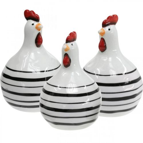 Article Poulet Décoratif Céramique Blanc Rayures Noires Rond Ø 7cm H11cm 3 pcs