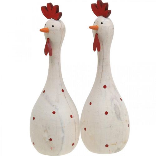 Poule déco bois blanc figurine déco Pâques Ø5cm H15cm 2pcs