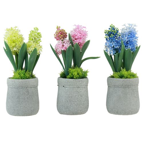 Jacinthe artificielle en pot jaune rose bleu H23cm 3pcs