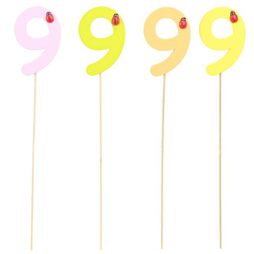 Article Chiffre d'anniversaire «9» sur le bâton, bouchons numérotés en bois coloré 7,5cm 16 pièces