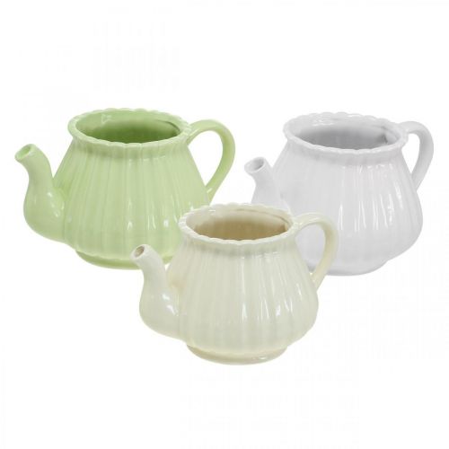 Cafetière décorative en céramique, cache-pot vert, blanc, crème L19cm Ø7.5cm