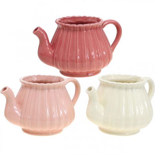 Floristik24 Théière décorative cache-pot en céramique rose, rouge, blanc L19cm 3pcs