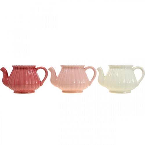 Floristik24 Théière décorative cache-pot en céramique rose, rouge, blanc L19cm 3pcs