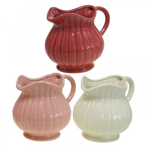 Article Vase déco, cruche avec anse céramique blanche, rose, rouge H14,5cm 3pcs
