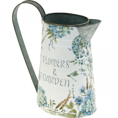 Vase à fleurs cruche fleurs bleu, vert jardinière décoration de jardin métal 23cm