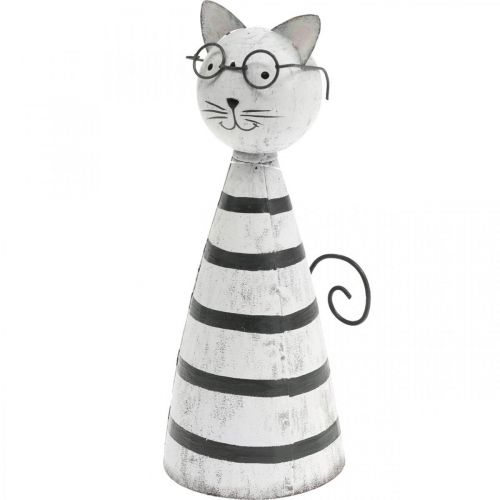 Chat à lunettes, figurine décorative à poser, figurine chat en métal noir et blanc H16cm Ø7cm