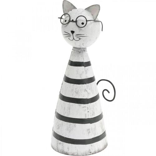 Article Chat à lunettes, figurine décorative à poser, figurine chat en métal noir et blanc H16cm Ø7cm