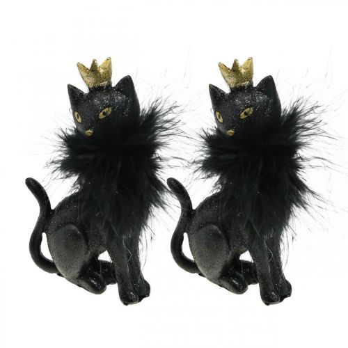 Floristik24 Figurine décorative chat polyrésine avec couronne or noir H12.5cm 2pcs
