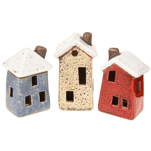 Article Décoration de l&#39;Avent en céramique, maison crème rouge gris 8,5/9,5 cm, 3 pièces