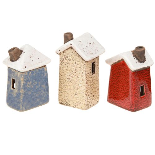 Article Décoration de l'Avent en céramique, maison crème rouge gris 8,5/9,5 cm, 3 pièces