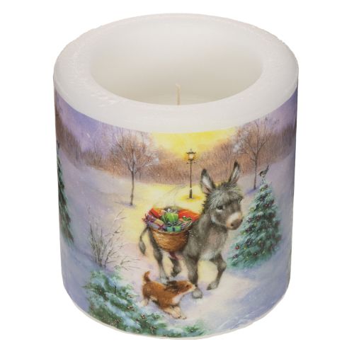 Stumpenkerze en cire blanche 10 cm avec motif âne et chien en paysage d'hiver acheter | Floristik24.fr