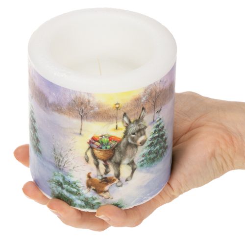 Stumpenkerze en cire blanche 10 cm avec motif âne et chien en paysage d'hiver | Floristik24.fr
