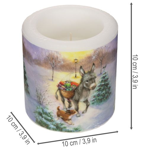 Stumpenkerze en cire blanche 10 cm avec motif âne et chien en paysage d'hiver | Floristik24.fr