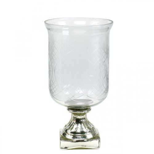Lanterne verre avec socle aspect antique argent Ø17cm H31.5cm