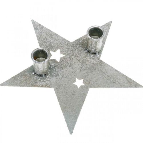 Article Bougie décoration étoile, décoration métal, bougeoir pour 2 bougies coniques argent, aspect antique 23cm × 22cm