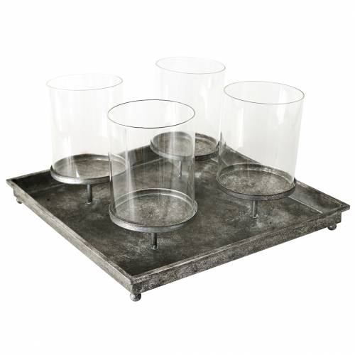 Floristik24 Plateau de l&#39;Avent avec 4 bougeoirs 40×40cm aspect antique métal/verre argent