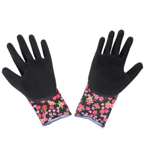 Article Gants de jardin Kixx à motif fraise, blancs et rouges, taille 8. Gants de jardin Kixx à fleurs, noirs, taille 8.