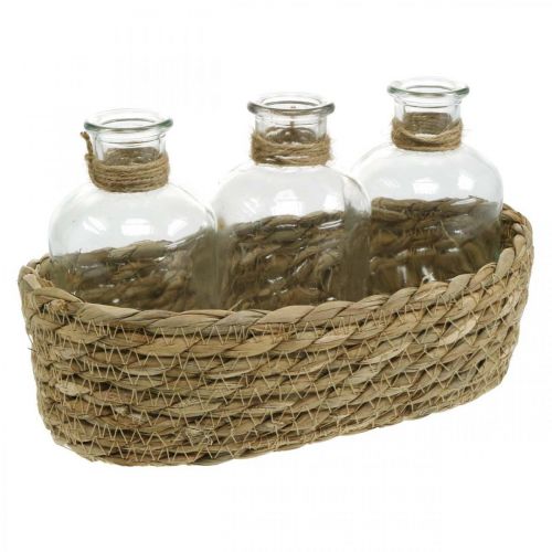 Corbeille décorative avec 3 bouteilles décoration de table jonc de mer naturel 22×11.5×14cm