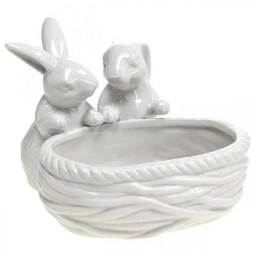 Floristik24 Lapins avec nid, décoration de table, nid de Pâques, décoration en porcelaine, bol décoratif blanc L15cm H11cm