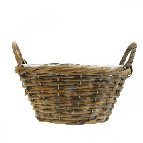 Article Décoration florale, panier en bois avec anses, jardinière naturelle, blanchi à la chaux H12cm Ø24cm