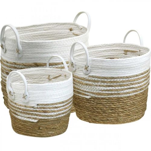 Panier à planter, ustensile avec poignées, organiseur blanc, naturel Ø32/28/23cm H30/25/19cm lot de 3