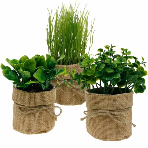 Floristik24 Herbes en pots Herbes de cuisine artificielles Ciboulette, basilic et laitue 3pcs