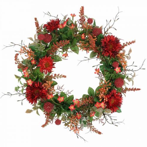 Floristik24 Couronne d&#39;automne fleurs en soie gerbera rouge chardon couronne de porte Ø42cm